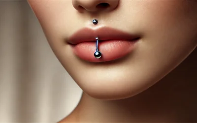 Vertical labret piercing with detailed close-up of a pierced lip.