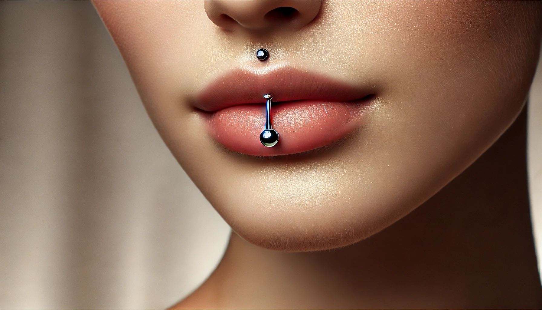 Vertical labret piercing with detailed close-up of a pierced lip.