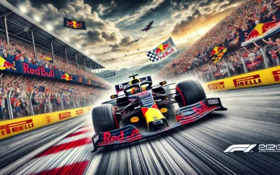 verstappen A Formula 1 car with Max Verstappen's Red Bull Racing livery speeding on a track, surrounded by cheering fans.