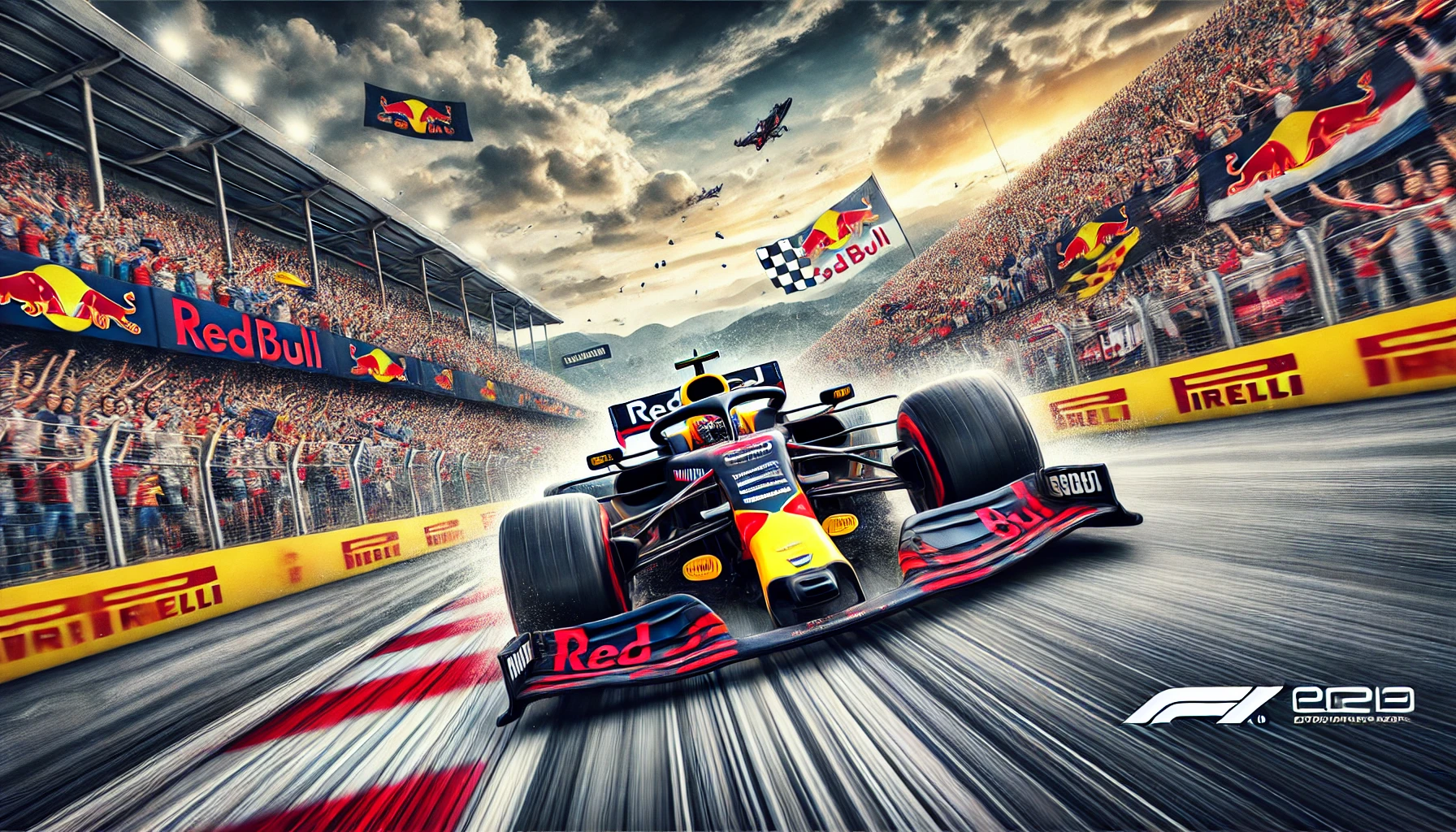 verstappen A Formula 1 car with Max Verstappen's Red Bull Racing livery speeding on a track, surrounded by cheering fans.