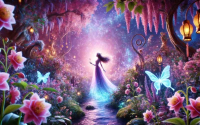 A visually stunning digital artwork showing a fantasy character inspired by Miorjah, surrounded by an enchanted forest with Reddit-like discussion bubbles floating above, symbolizing online engagement and fan creativity.