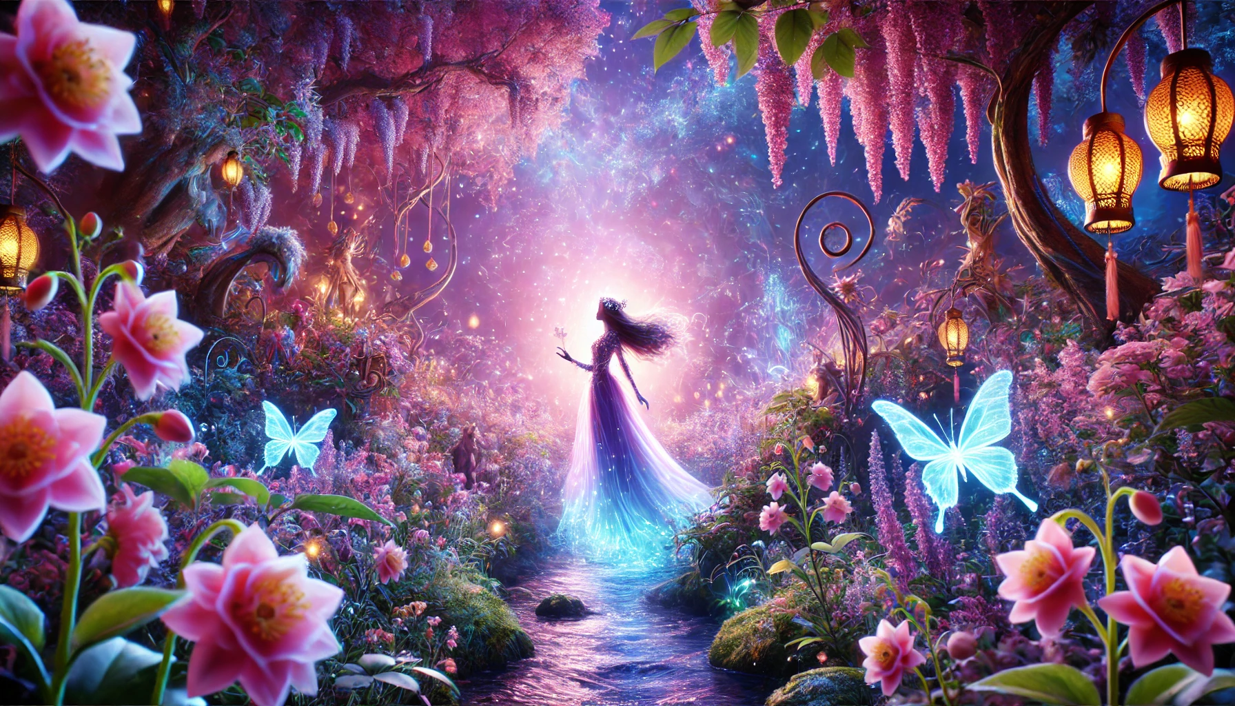 A visually stunning digital artwork showing a fantasy character inspired by Miorjah, surrounded by an enchanted forest with Reddit-like discussion bubbles floating above, symbolizing online engagement and fan creativity.