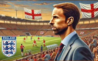 Gareth Southgate standing on the sidelines of a football pitch, overseeing a match with a vibrant stadium background.