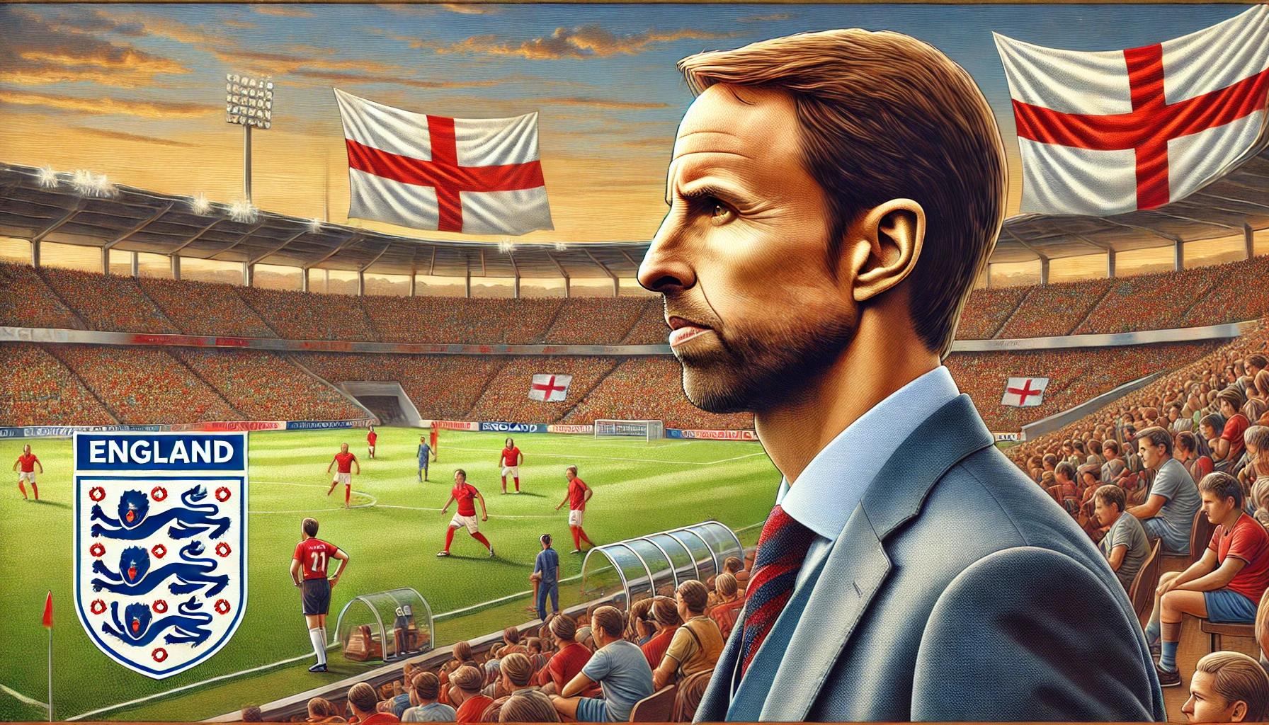 Gareth Southgate standing on the sidelines of a football pitch, overseeing a match with a vibrant stadium background.