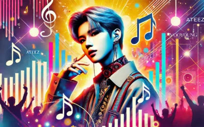 A vibrant portrait of Wooyoung from ATEEZ, highlighting his stage charisma, bold fashion, and K-pop cultural aesthetics.