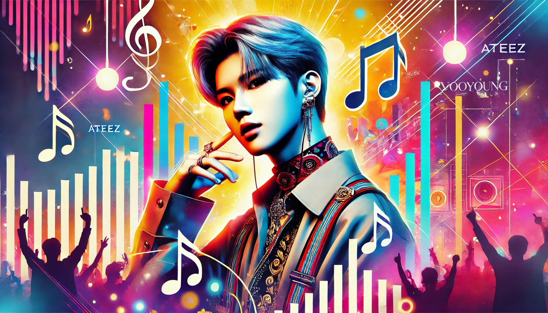 A vibrant portrait of Wooyoung from ATEEZ, highlighting his stage charisma, bold fashion, and K-pop cultural aesthetics.