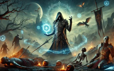 Genius Corpse Collecting Warrior A mysterious warrior in intricate armor stands amidst a battlefield, surrounded by glowing corpses being collected through swirling ethereal energy. The dark and atmospheric setting includes a stormy sky and ancient weapons scattered on the ground, emphasizing strategy, mysticism, and an epic fantasy narrative.