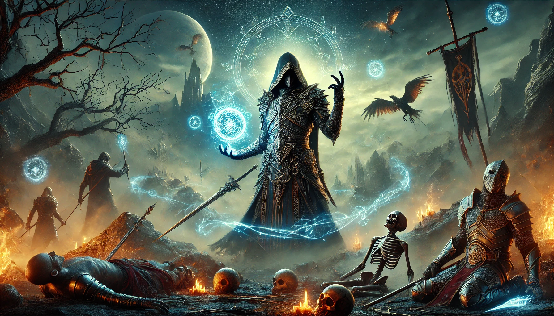 Genius Corpse Collecting Warrior A mysterious warrior in intricate armor stands amidst a battlefield, surrounded by glowing corpses being collected through swirling ethereal energy. The dark and atmospheric setting includes a stormy sky and ancient weapons scattered on the ground, emphasizing strategy, mysticism, and an epic fantasy narrative.