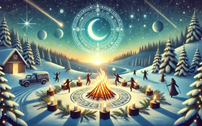 A serene winter solstice scene with a glowing fire pit, surrounded by snow and people enjoying festive traditions. Happy Winter Solstice