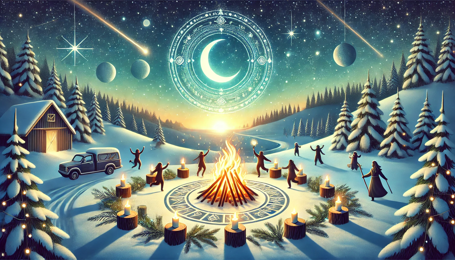 A serene winter solstice scene with a glowing fire pit, surrounded by snow and people enjoying festive traditions. Happy Winter Solstice