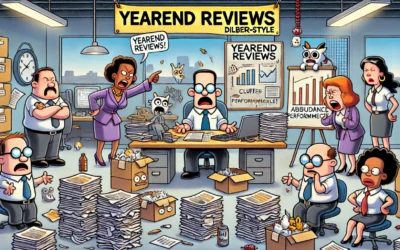 A creative depiction of yearend reviews Dilbert style showcasing workplace humor and end-of-year reflections.