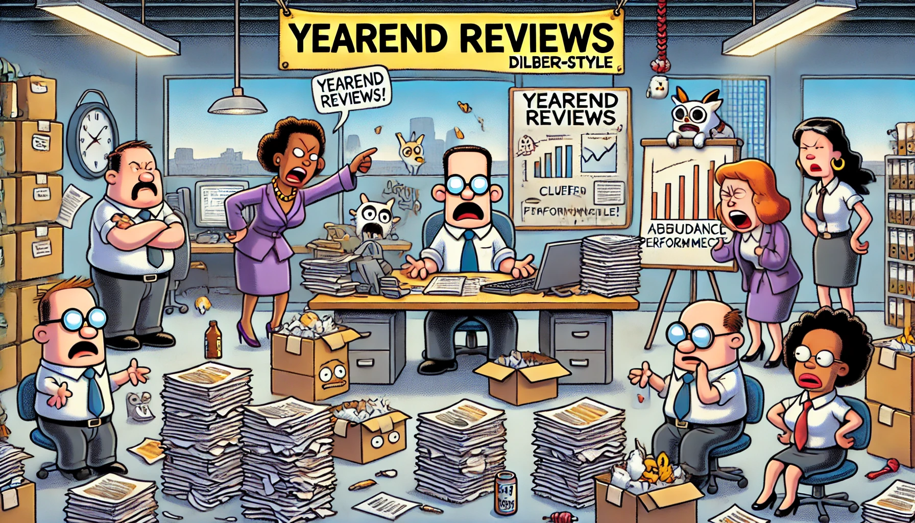 A creative depiction of yearend reviews Dilbert style showcasing workplace humor and end-of-year reflections.