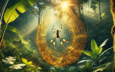 A banana spider weaving its golden web in a forest setting