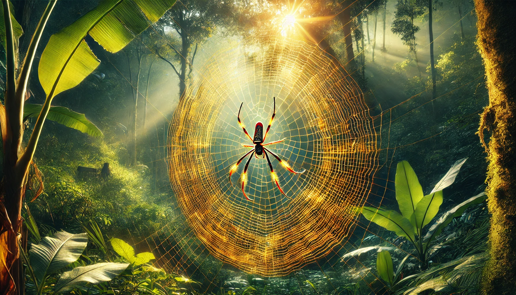 A banana spider weaving its golden web in a forest setting