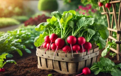 Fresh radish harvested from a garden, showcasing vibrant colors and leafy greens.