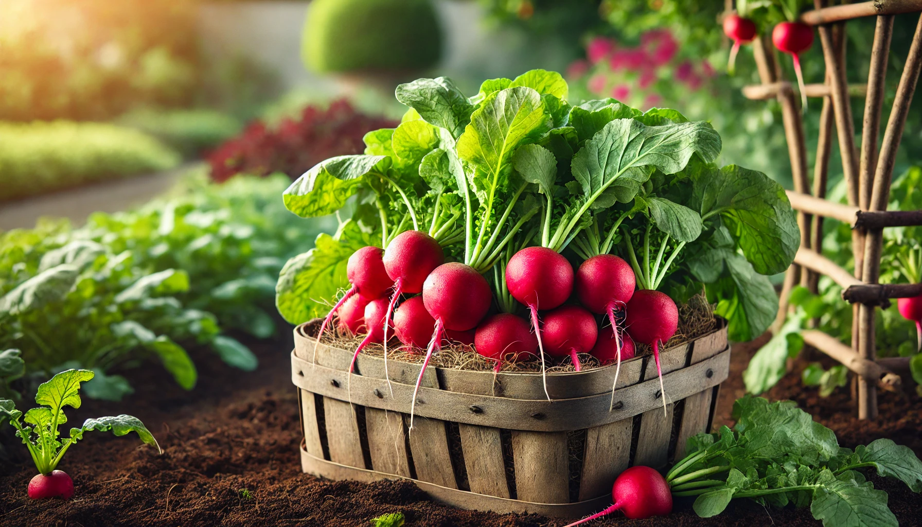 Fresh radish harvested from a garden, showcasing vibrant colors and leafy greens.