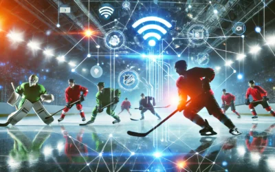 A dynamic visual of hockey players in action with an abstract representation of streaming technology. nhl reddit streams