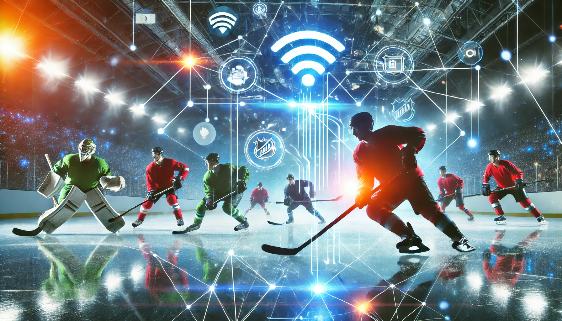 A dynamic visual of hockey players in action with an abstract representation of streaming technology. nhl reddit streams