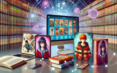 A vibrant digital library scene with manga covers and reading devices symbolizing the "voidscans" experience. voidscans