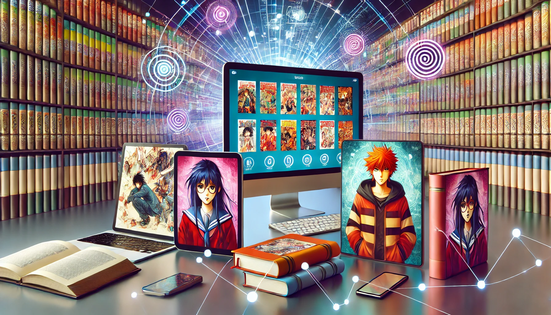 A vibrant digital library scene with manga covers and reading devices symbolizing the "voidscans" experience. voidscans