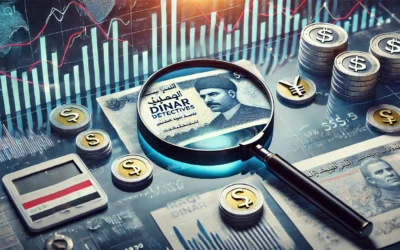 A conceptual image of currency exchange with an Iraqi dinar note, magnifying glass, and market graphs representing " dinar detectives ."