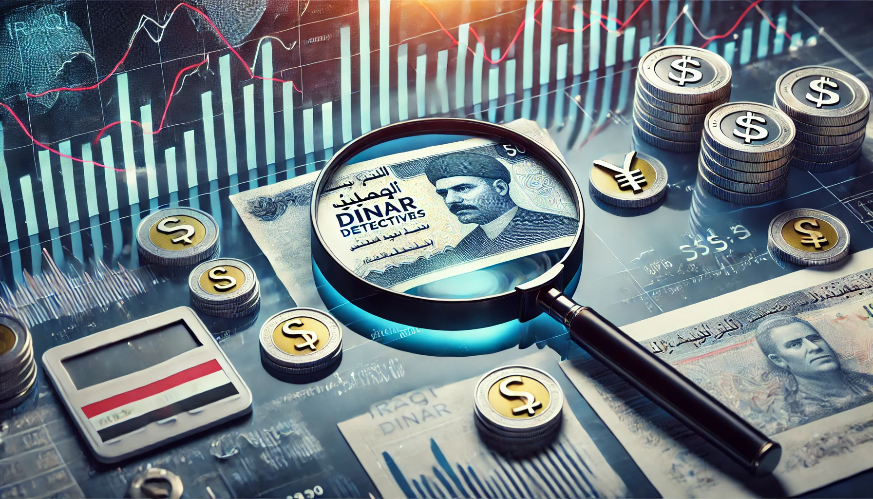 A conceptual image of currency exchange with an Iraqi dinar note, magnifying glass, and market graphs representing " dinar detectives ."