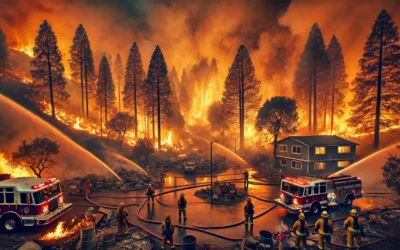 A recent California wildfire devastating multiple buildings and landscapes.