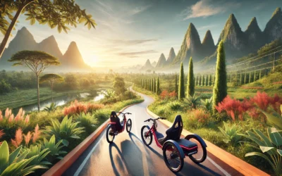 A landscape image showcasing a Terratrike Maverick and a Trident Spike side-by-side on a scenic cycling trail, with lush greenery and a clear blue sky in the background.