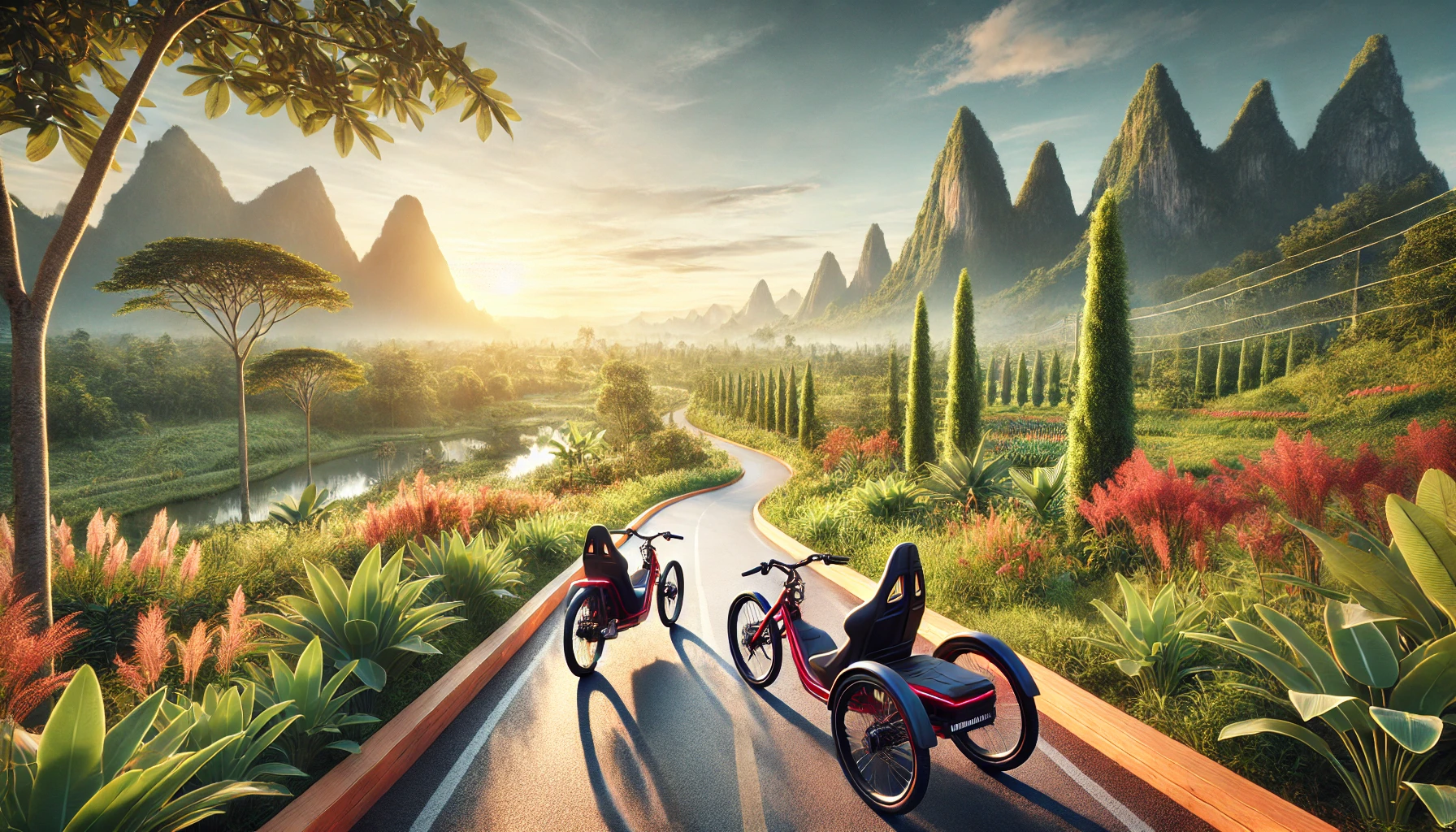 A landscape image showcasing a Terratrike Maverick and a Trident Spike side-by-side on a scenic cycling trail, with lush greenery and a clear blue sky in the background.