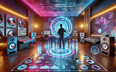 A futuristic setup showcasing hologram leaked sound kits in a vibrant studio environment.