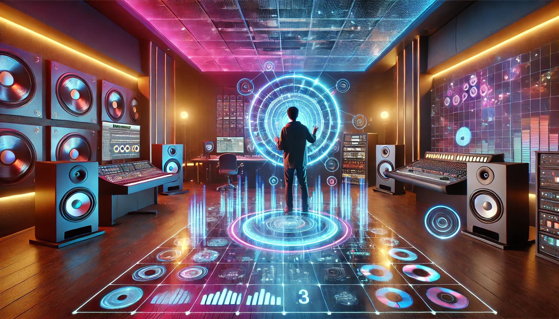 A futuristic setup showcasing hologram leaked sound kits in a vibrant studio environment.