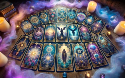 A mystical arrangement of Thoth Tarot cards, focusing on the Minor Arcana with detailed illustrations and symbolic elements, set against a magical, ethereal background.