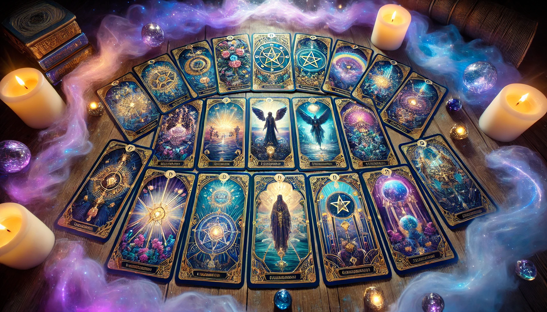 A mystical arrangement of Thoth Tarot cards, focusing on the Minor Arcana with detailed illustrations and symbolic elements, set against a magical, ethereal background.