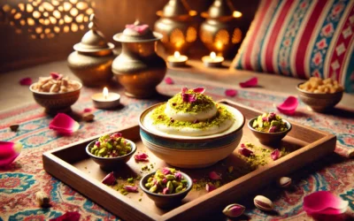 A beautifully plated dish of muhalabieh, garnished with pistachios and rose petals, showcasing its cultural significance. what is the cultural significance of muhalabieh