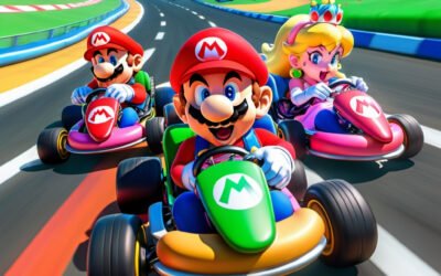 A dynamic Mario Kart race scene featuring Mario, Luigi, and Princess Peach in colorful karts on a vibrant track.