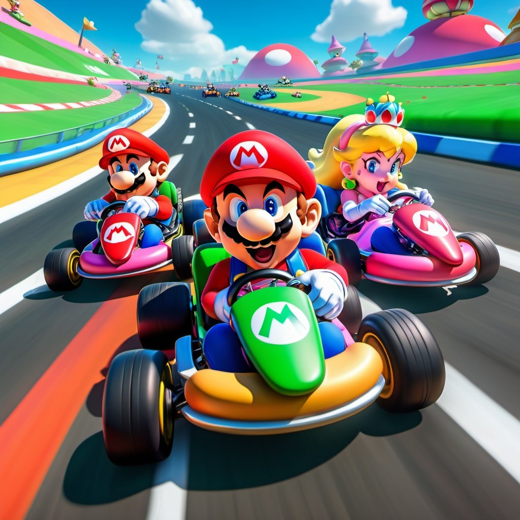 A dynamic Mario Kart race scene featuring Mario, Luigi, and Princess Peach in colorful karts on a vibrant track.