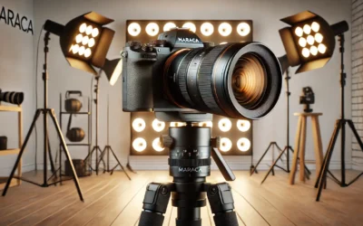 The Maraca Camera Brand logo and gear showcasing high-quality cameras and lenses in a professional setup.