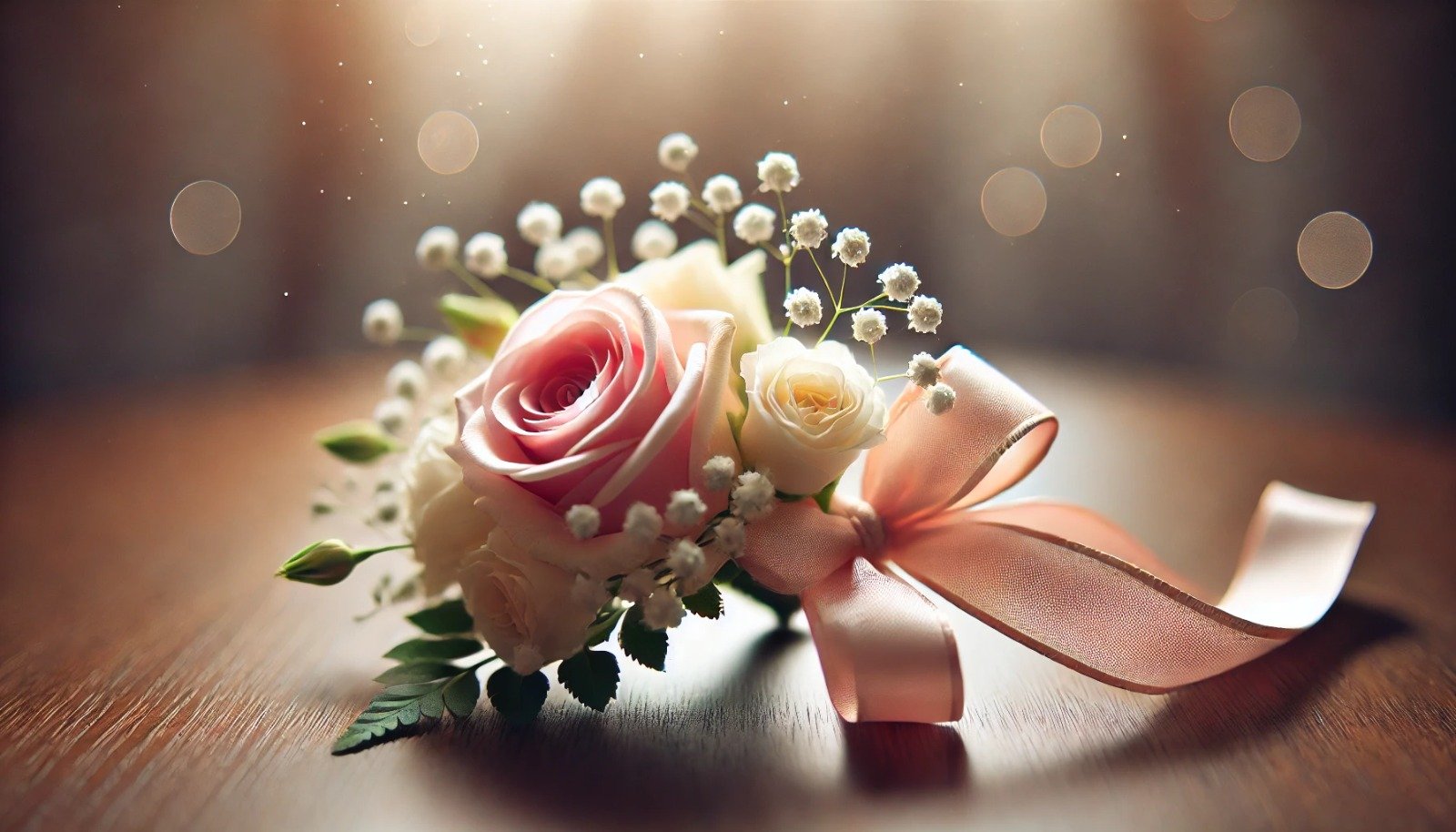 A landscape image of a beautifully arranged wrist corsages featuring fresh roses, baby’s breath, and a satin ribbon, set against a soft, blurred background.