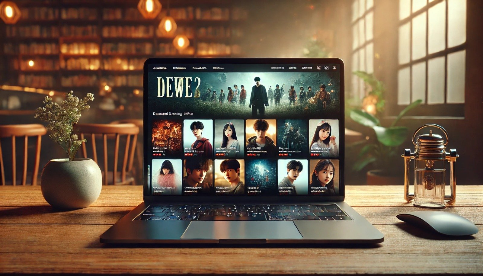 A landscape image of a laptop screen displaying the Dramacool homepage, with thumbnails of popular Asian dramas like Crash Landing on You and The Untamed.