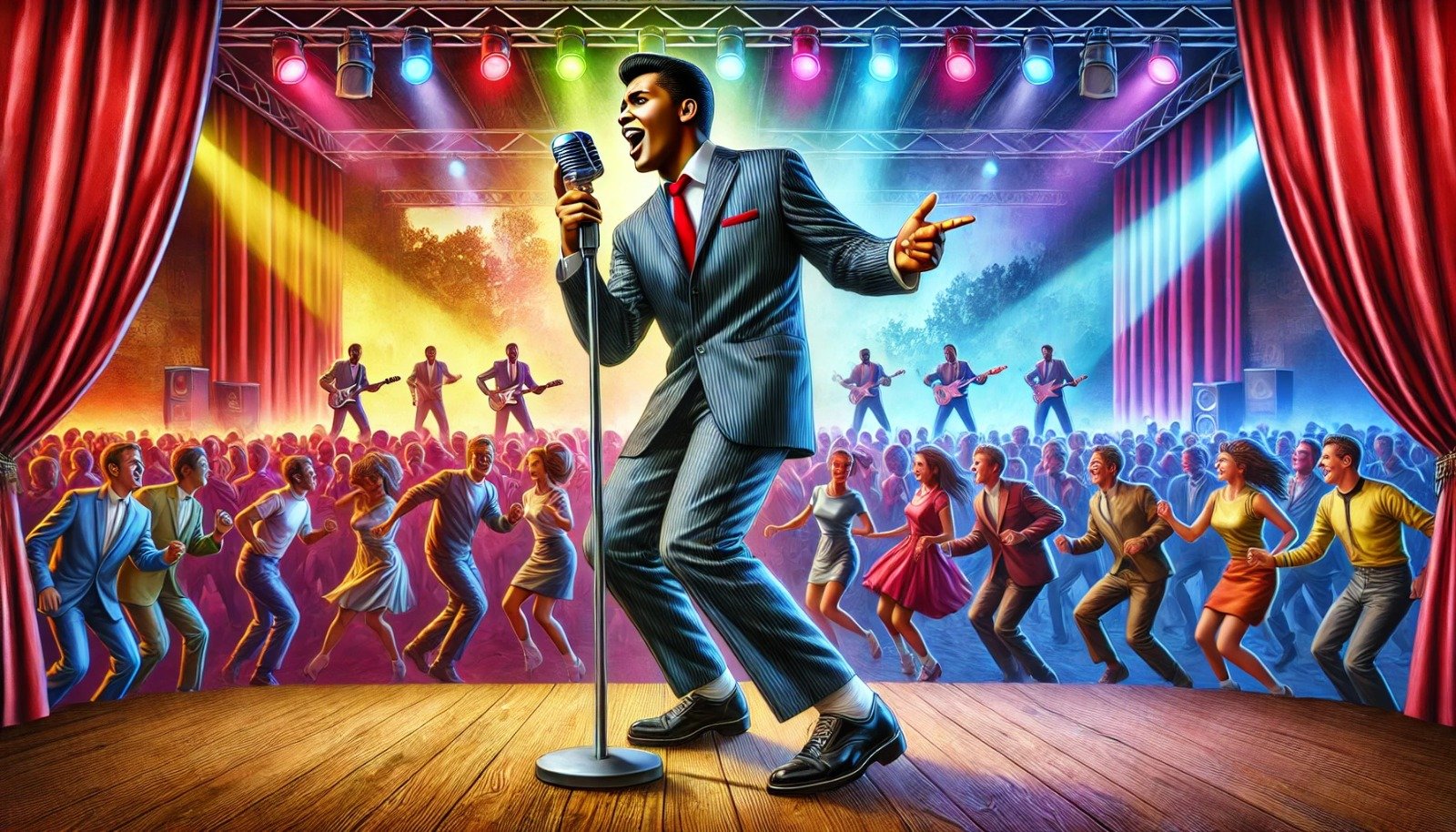 A landscape image of Chubby Checker performing on stage, with a vibrant crowd dancing to The Twist in the background, capturing the energy and excitement of his performances.