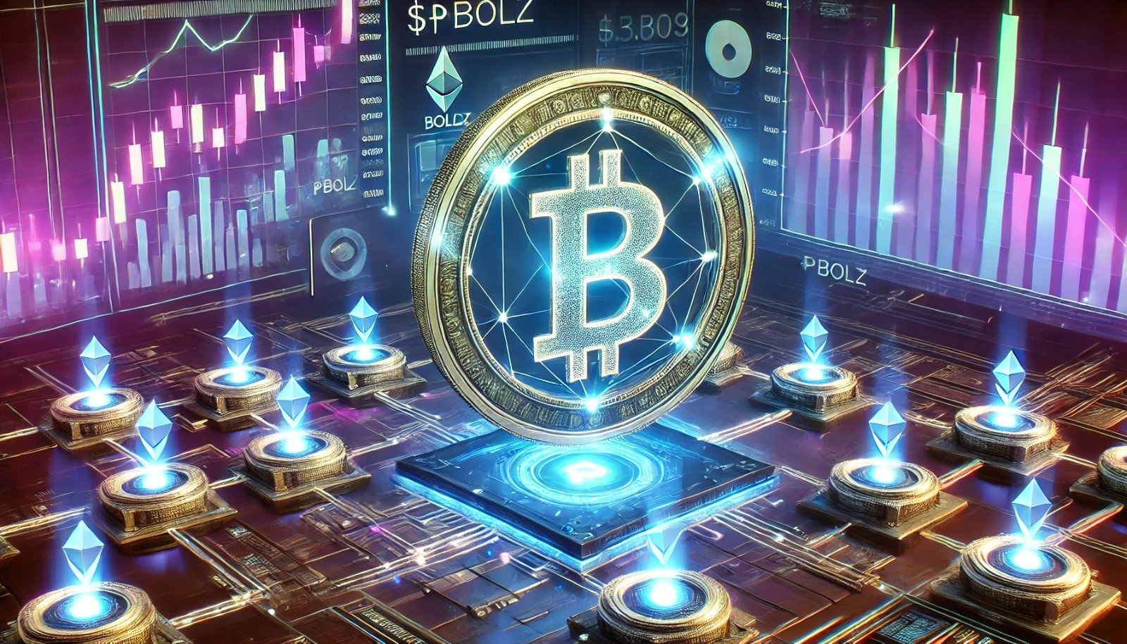 A landscape image of a digital screen displaying the $PBOLZ token logo, with blockchain nodes and graphs in the background, symbolizing its connection to the crypto market.