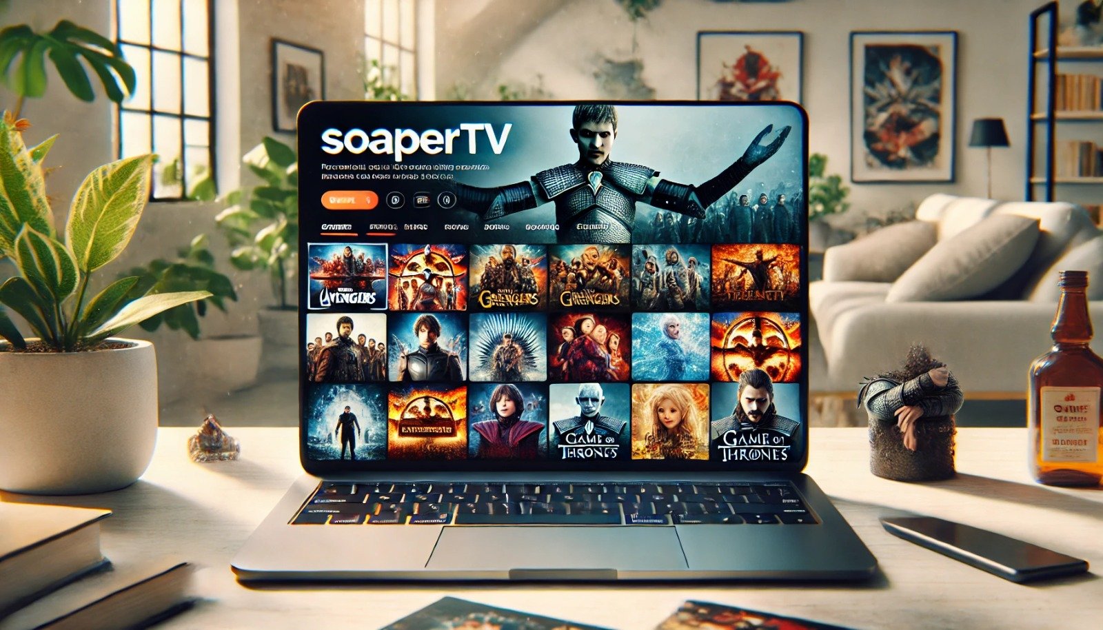 A landscape image of a laptop screen displaying the Soapertv homepage, with thumbnails of popular movies and TV shows like The Avengers and Game of Thrones.