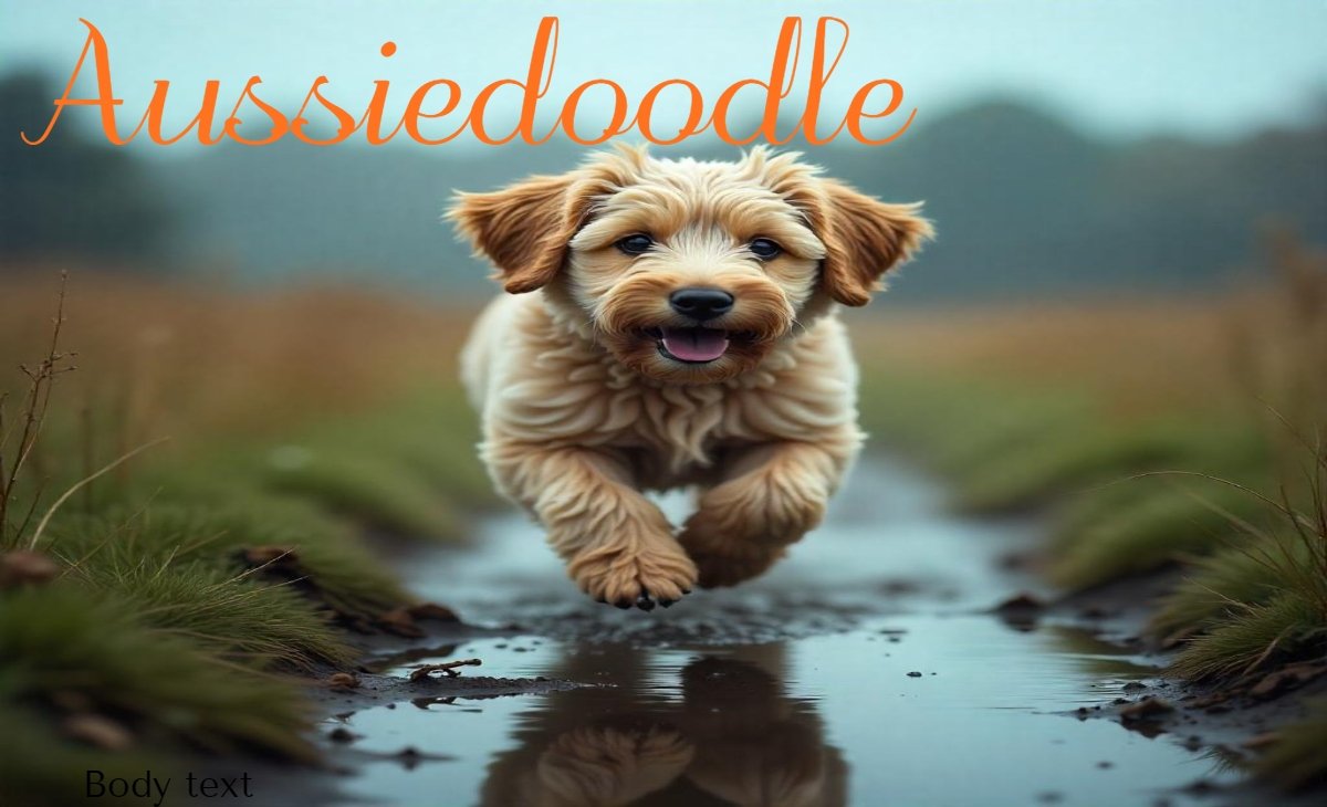 Aussiedoodle dog running in a grassy field