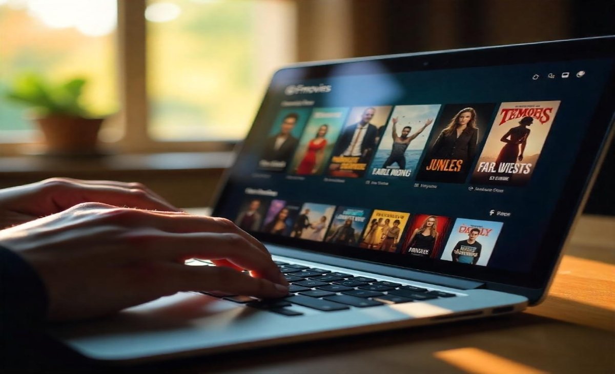 Laptop screen displaying the Fmovies interface with popular movie thumbnails