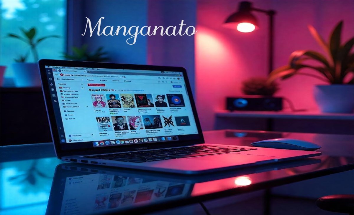 Laptop displaying Manganato's interface with manga thumbnails and navigation menus