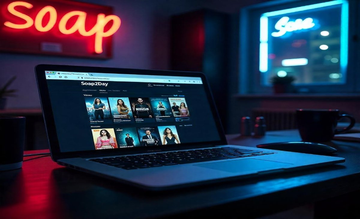 Laptop displaying the Soap2Day homepage with rows of movie thumbnails